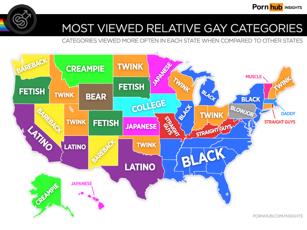 Map of PornHub most popular gay category searches in US